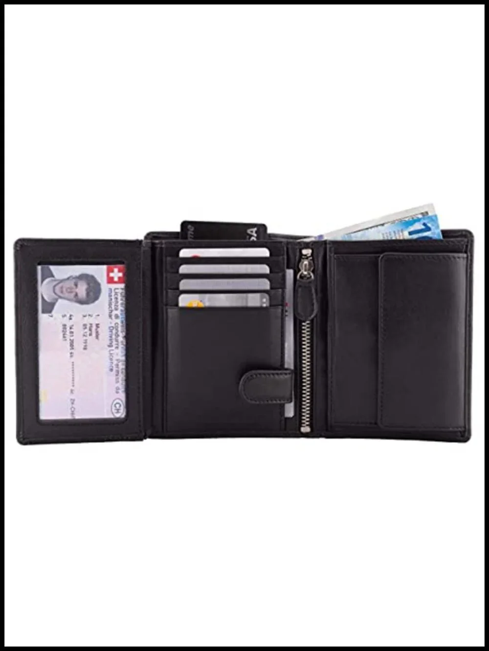 Men's Full Grain Leather Bifold RFID Wallet with Coin and Zip Pockets